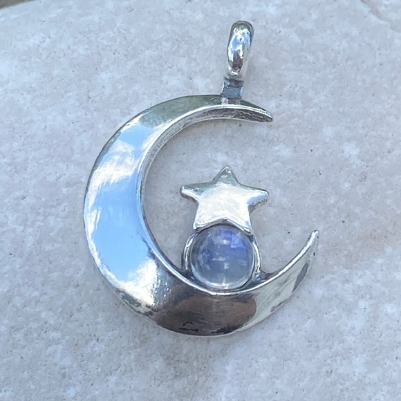 Moon and Star Pendant .925 Sterling Silver Rainbow Moonstone gem Made in US - Picture 1 of 13